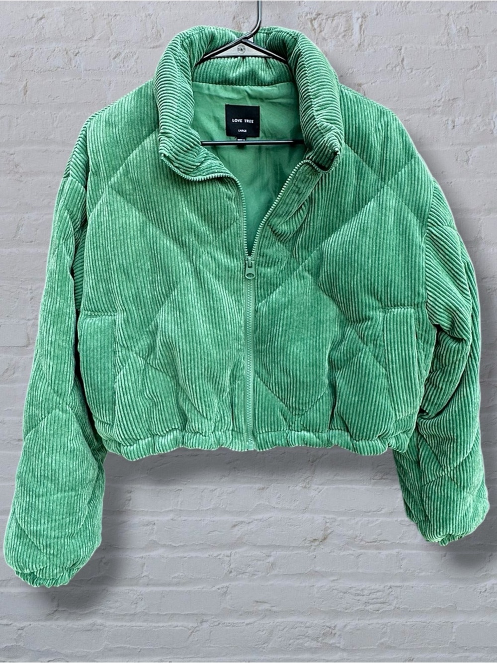 Love Tree Kelly Green Corduroy Cropped Puffer Jacket L Quilted Streetwear Coat